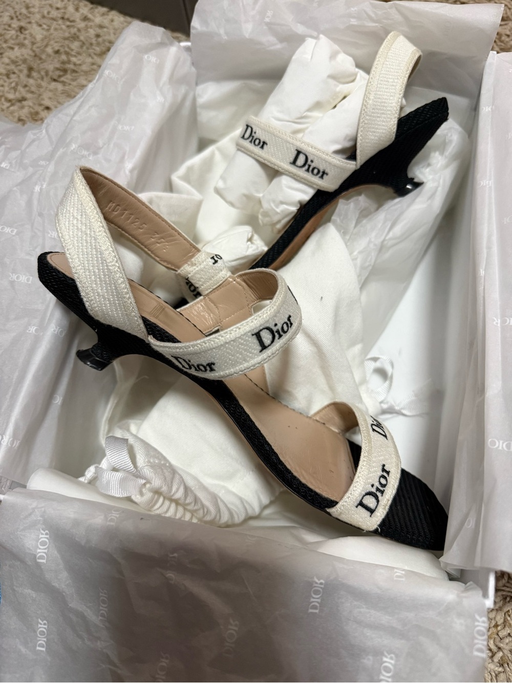 Dior Ivory and Black Logo Slingback Heels
